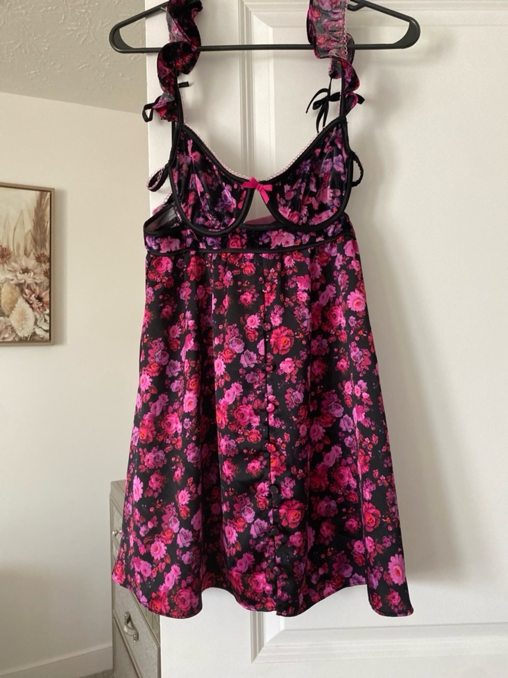 For Love And Lemons Black Floral Satin Chemise with Pink Roses